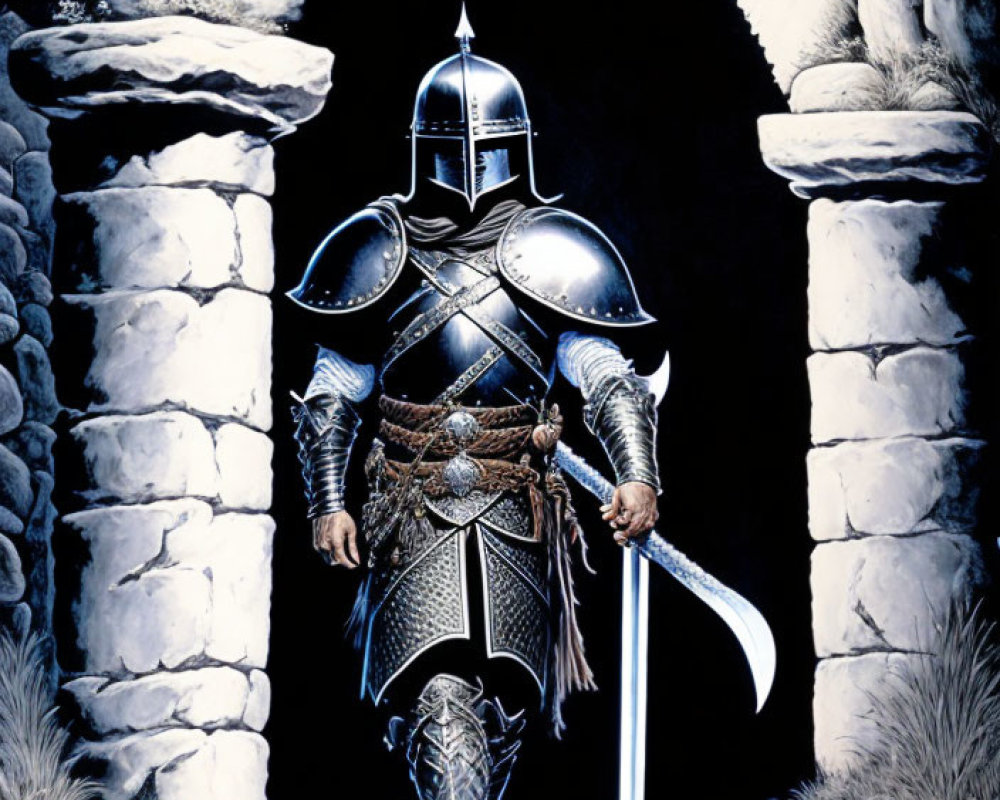 Knight in Shining Armor Stands in Stone Archway with Sword at Night