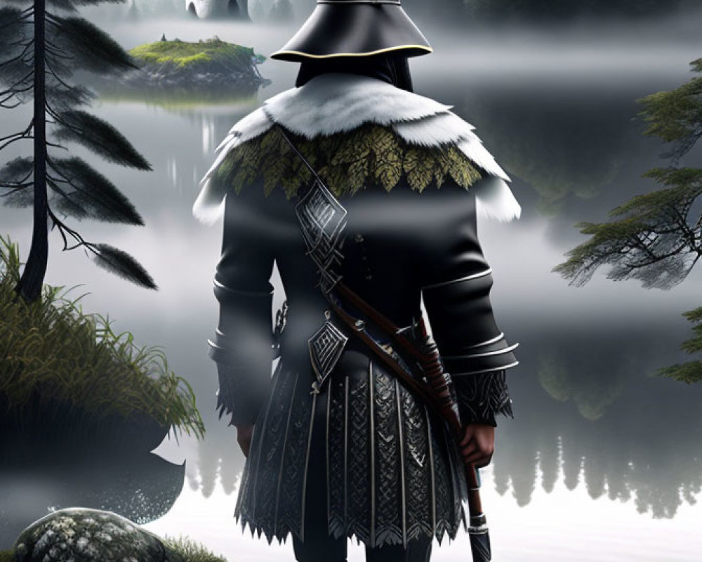 Medieval knight in armor gazes at distant castle by misty lake