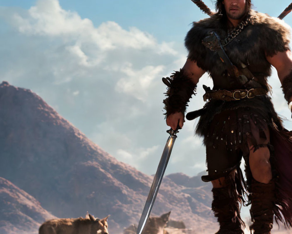 Warrior in fur attire with sword in barren landscape among mountains and wolves