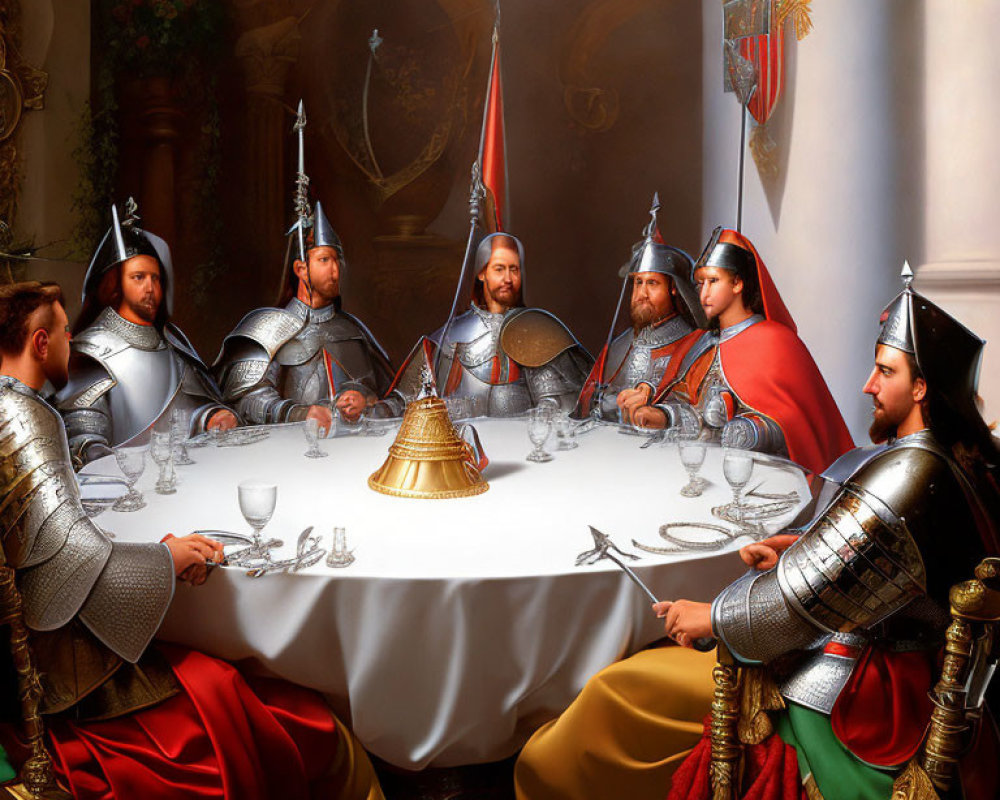 Modern people in knight attire at round table with armor, swords, and flags