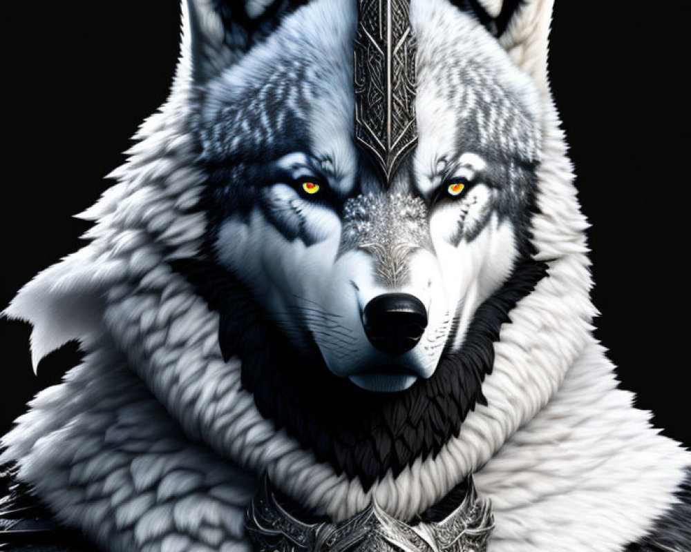 Detailed digital artwork: Wolf with yellow eyes, ornate headpiece, armor, black background