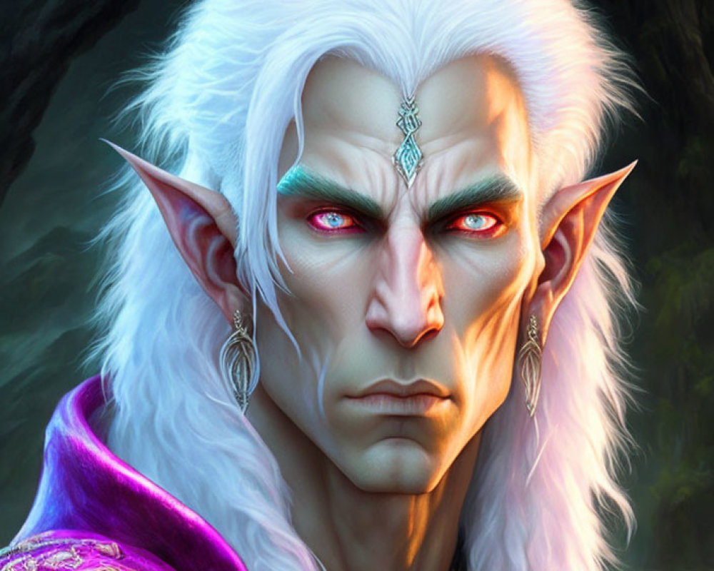 Elf illustration: Green-eyed with white hair, purple attire, silver jewelry