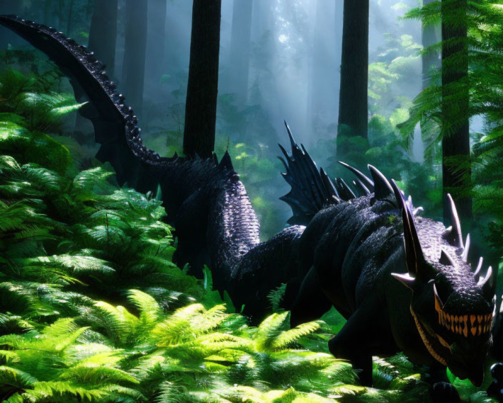 Black dragon resting in sunlit fern forest