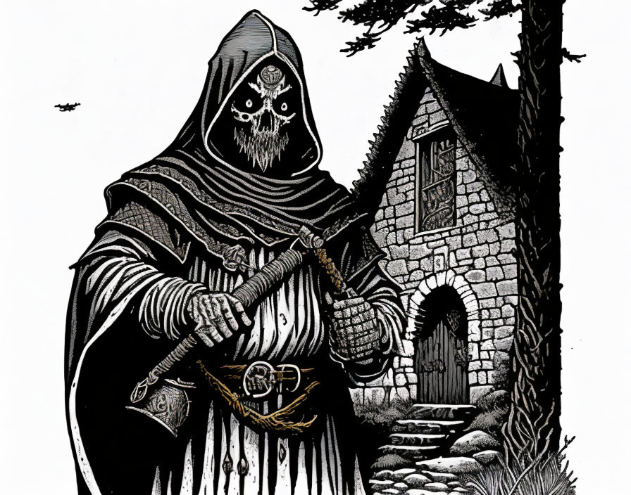 Cloaked figure with skull face holding a scythe near stone house in dark setting