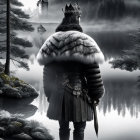 Medieval knight in armor gazes at distant castle by misty lake