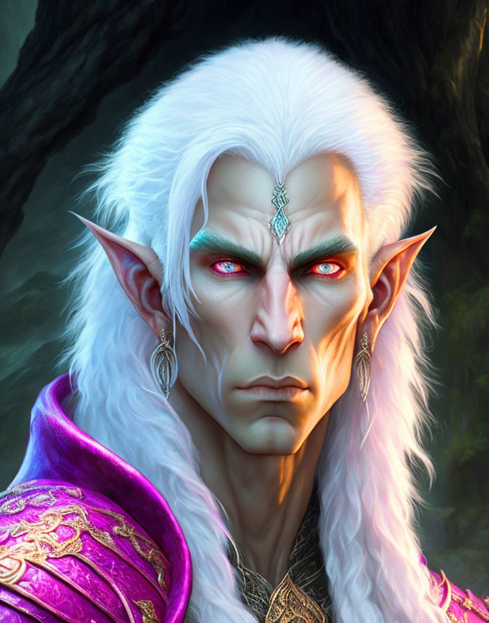 Elf illustration: Green-eyed with white hair, purple attire, silver jewelry