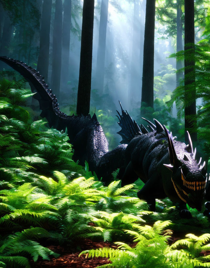 Black dragon resting in sunlit fern forest