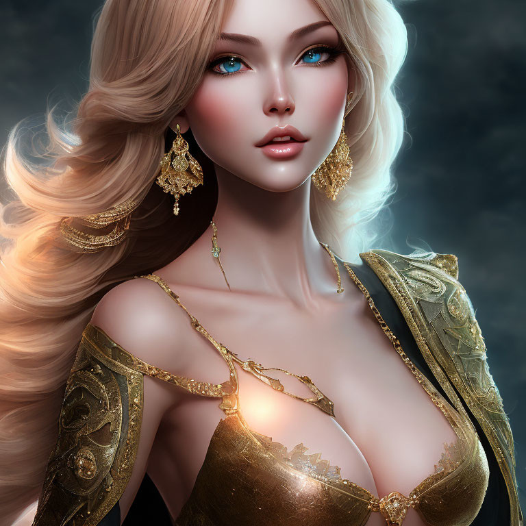 Digital Artwork Featuring Woman with Striking Blue Eyes and Blonde Hair