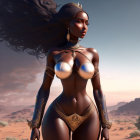 Stylized digital artwork of dark-skinned woman in golden armor