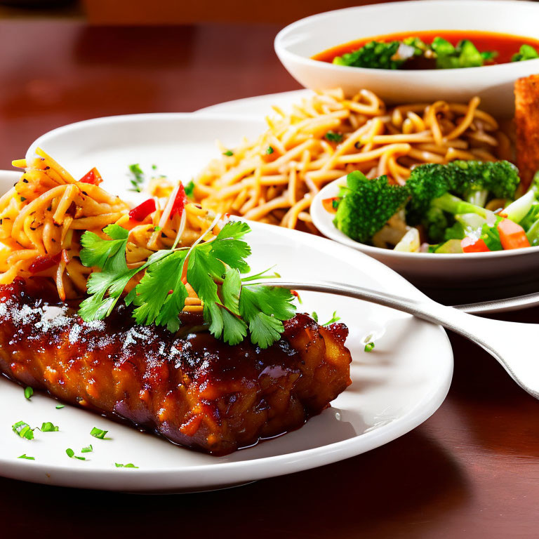 Glazed chicken with stir-fried noodles and mixed vegetables plate