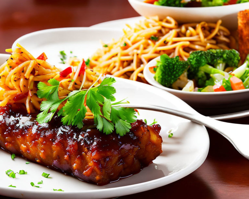 Glazed chicken with stir-fried noodles and mixed vegetables plate