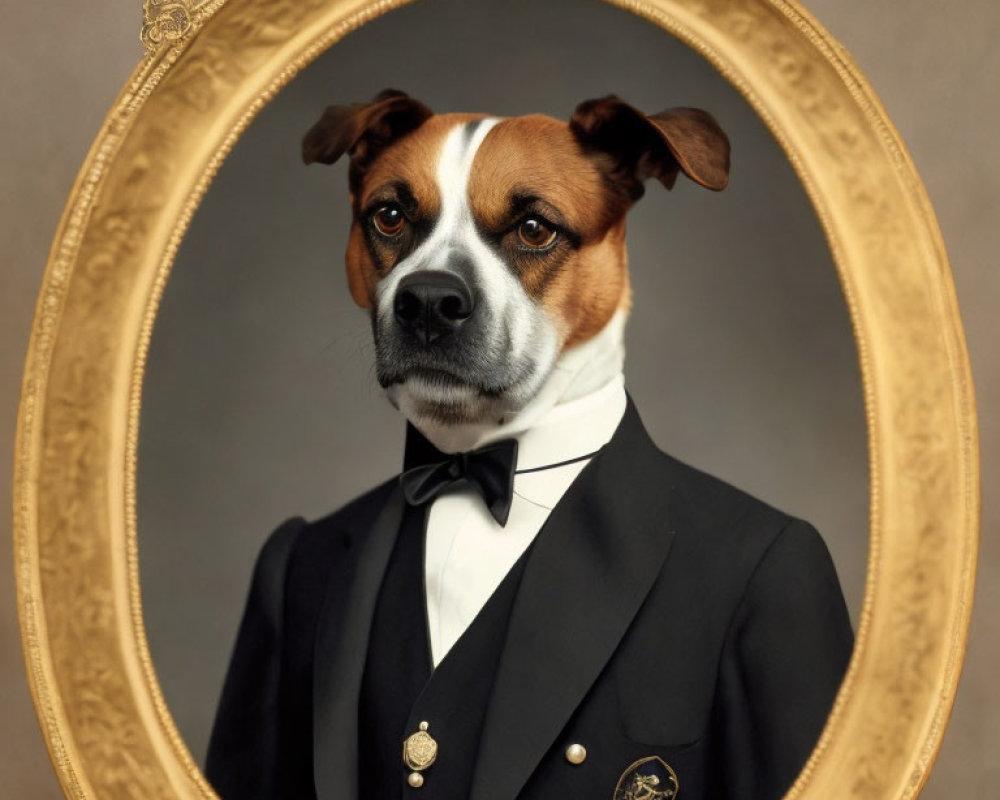 Dog with human-like face in tuxedo and bow tie in ornate oval frame