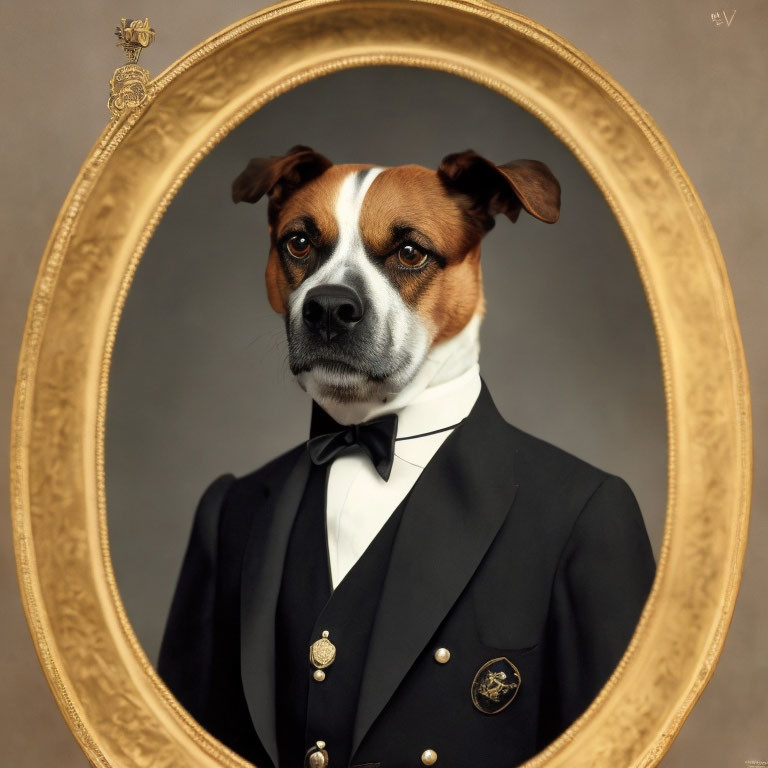 Dog with human-like face in tuxedo and bow tie in ornate oval frame