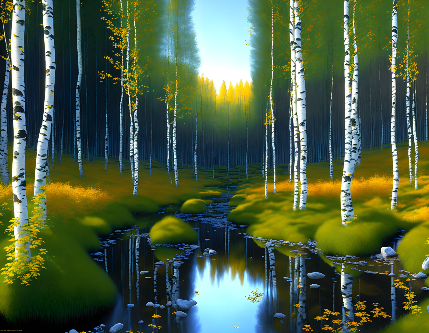 Tranquil forest stream with birch trees and mossy stones