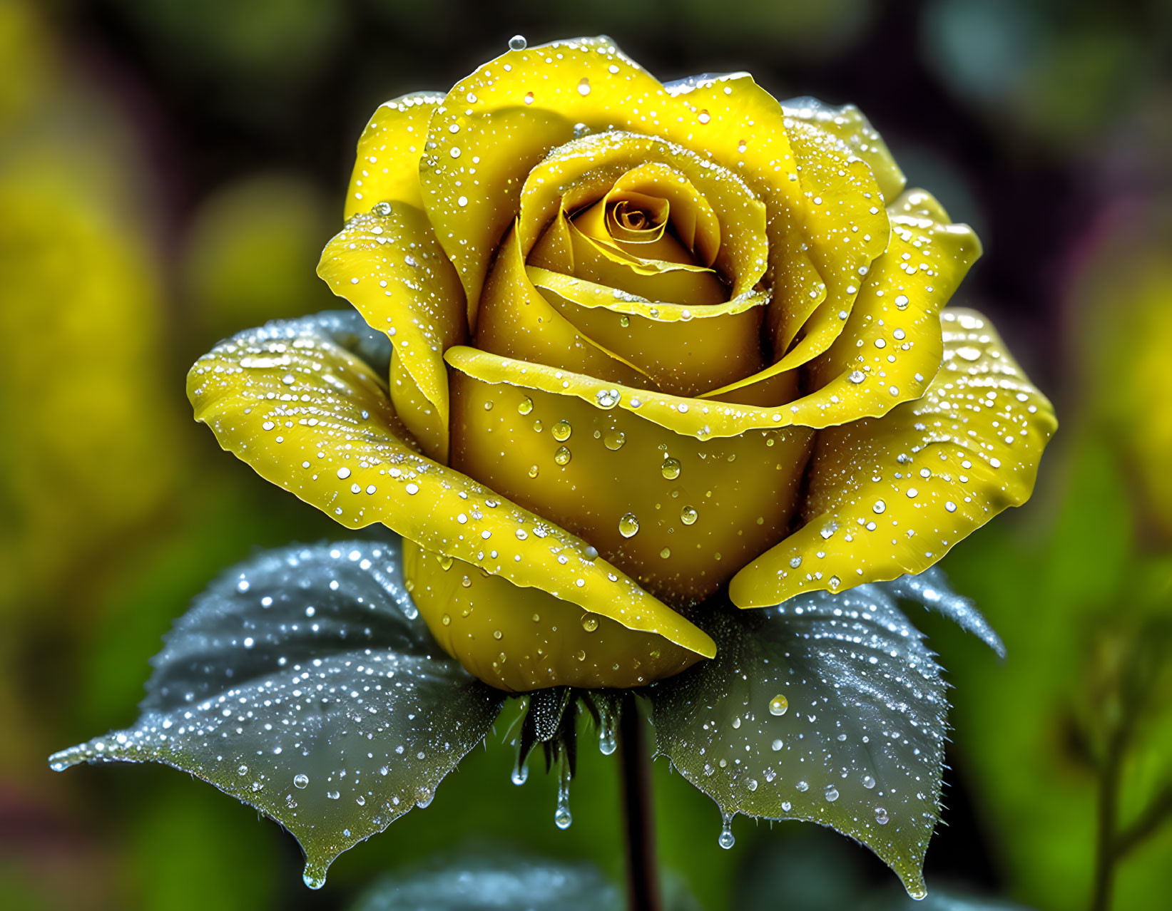 Yellow rose with water droplets on petals and leaves against green background