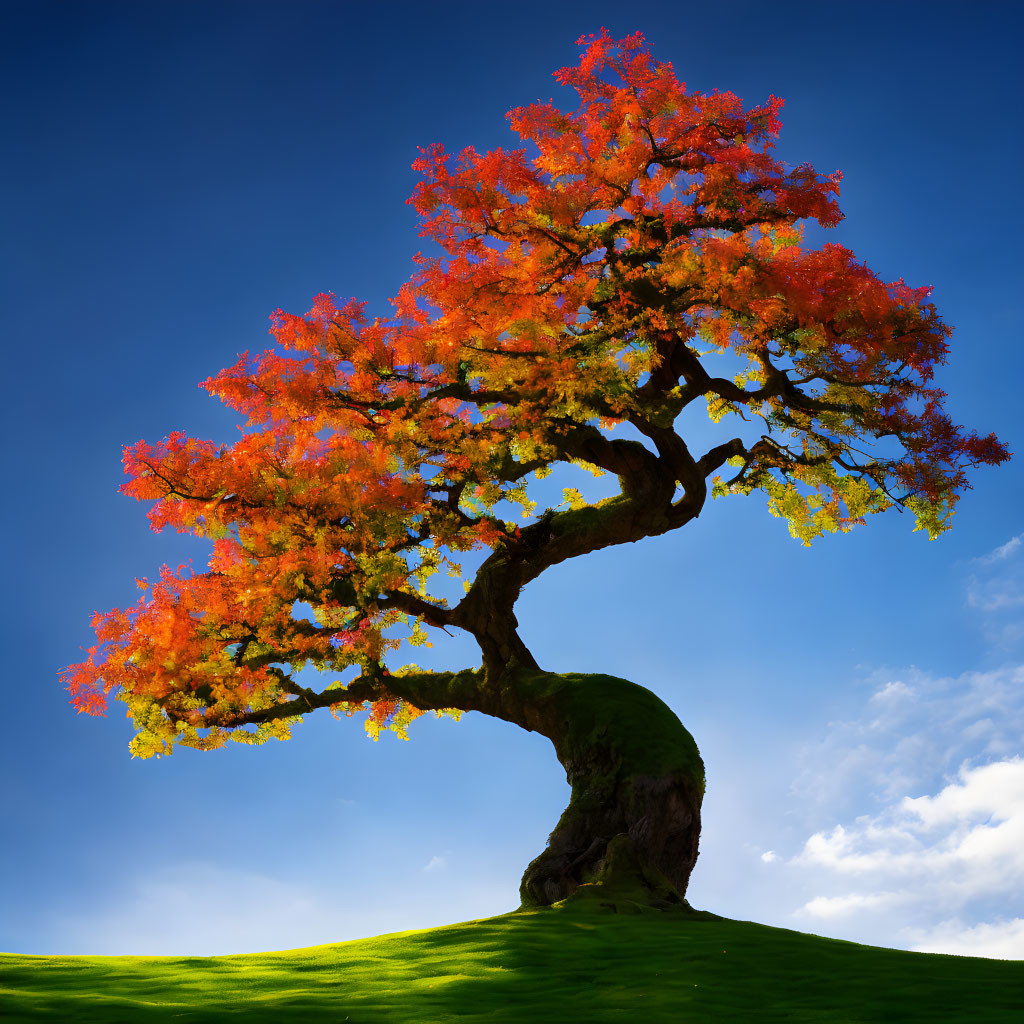 Vibrant autumn tree on green hill under blue sky