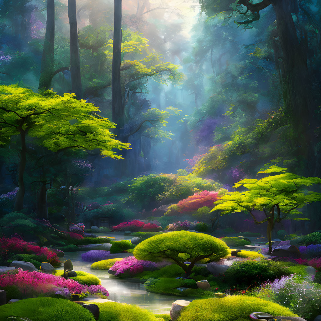 Sunlit Forest with Meandering Stream and Colorful Flora