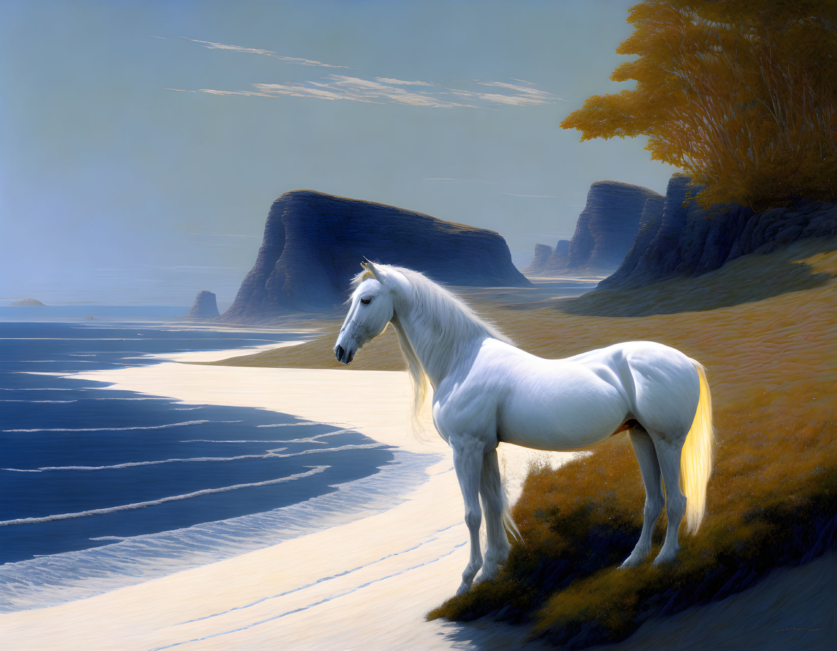 White Horse on Beach with Cliffs and Forest Edge in Serene Setting