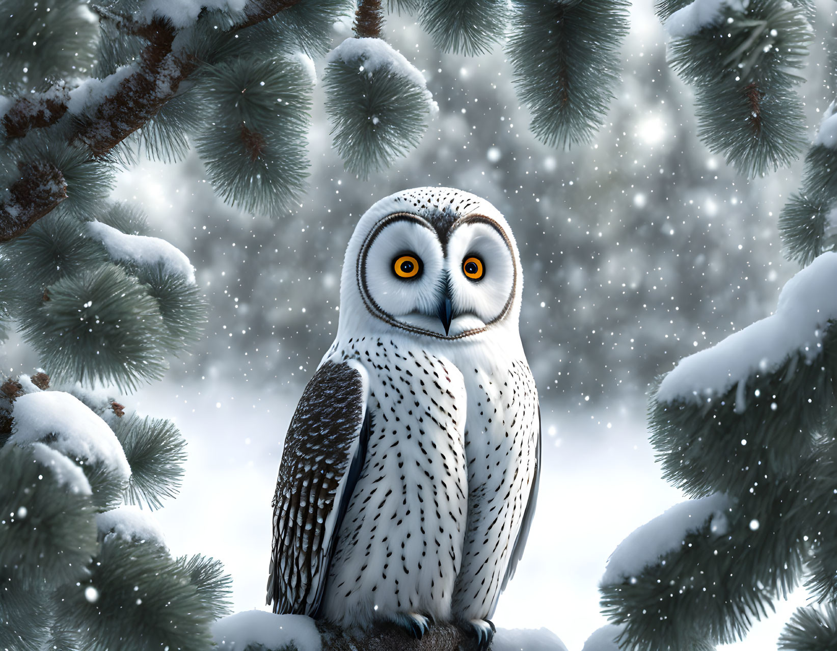 Snowy owl perched on snowy branch with pine trees and falling snow