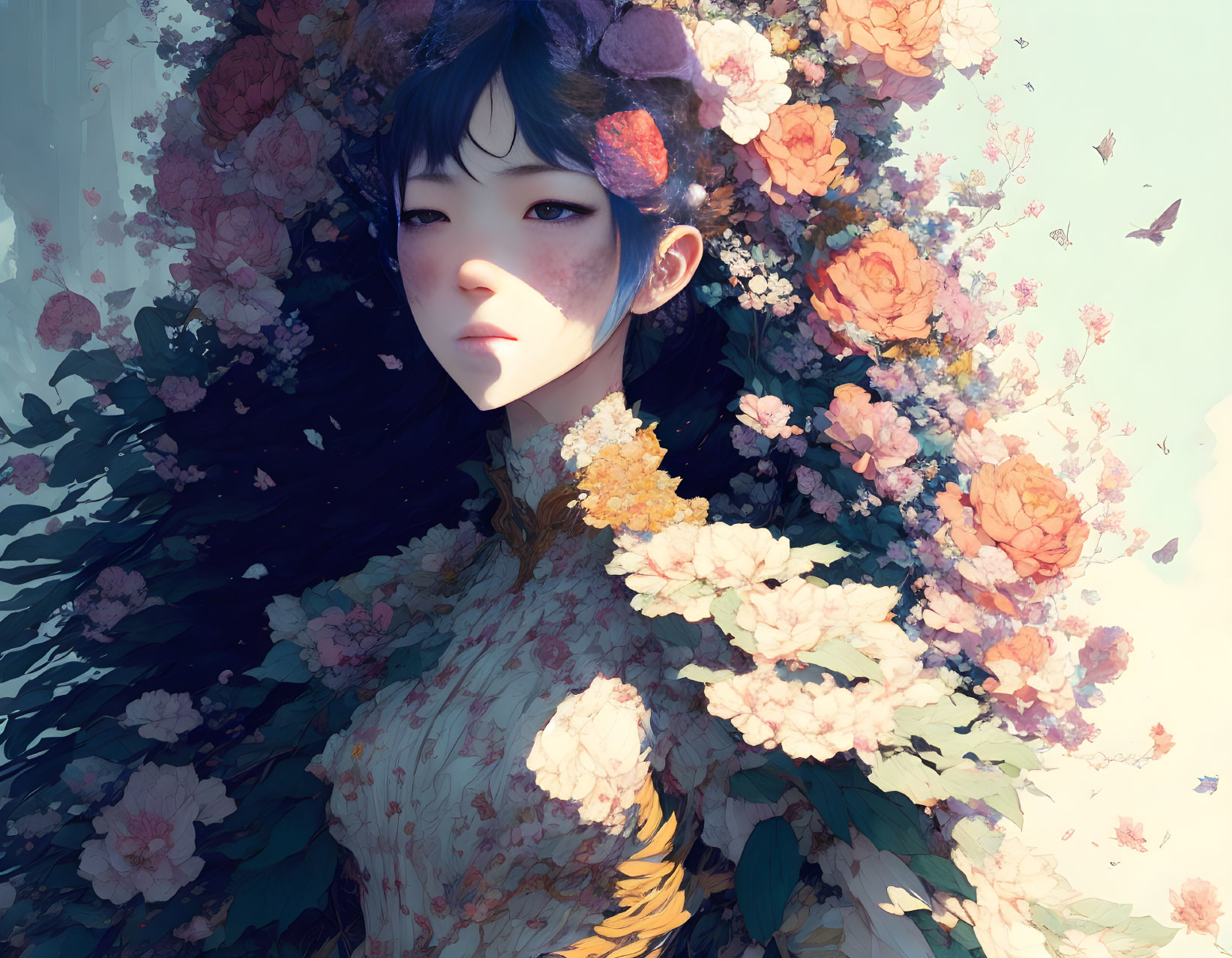 Person with Dark Hair Among Pastel Flowers Portrait