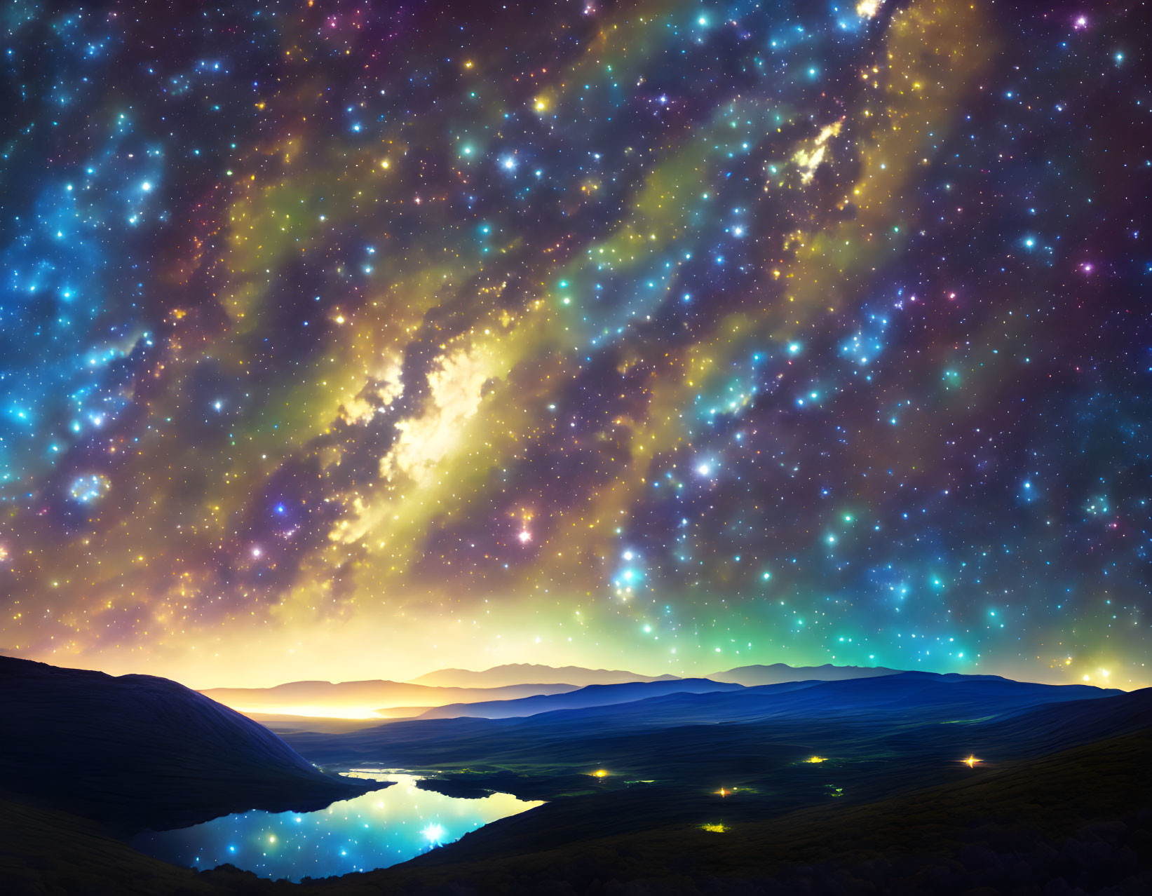 Vibrant galaxy over rolling hills and valley lights