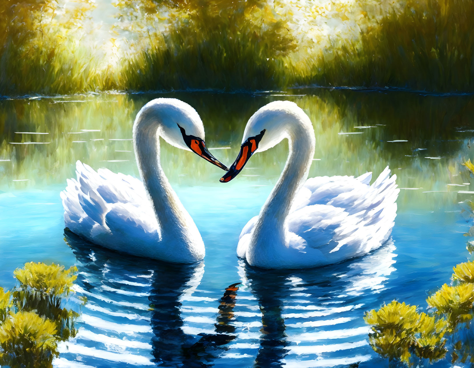 Swans Form Heart Shape on Tranquil Water Surface