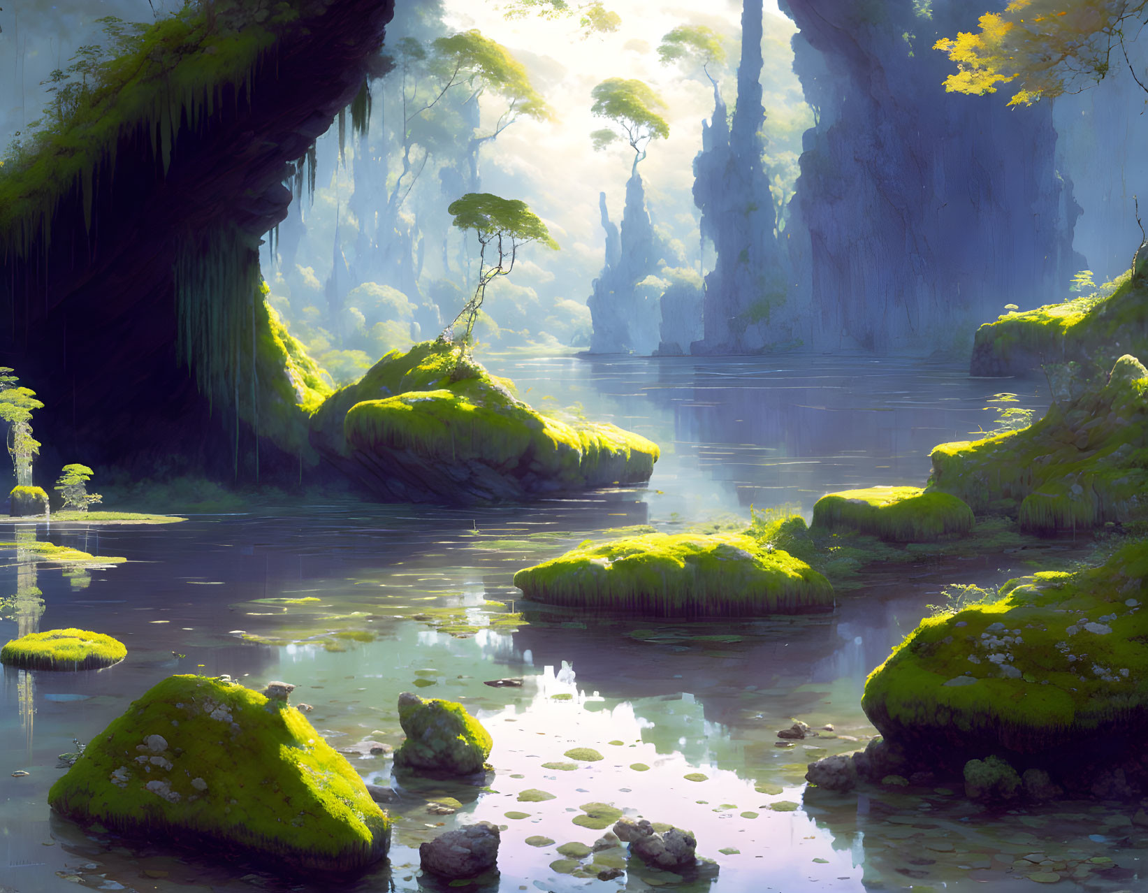 Mystical forest with towering rocks, serene river, mossy islets, sunlight filtering.