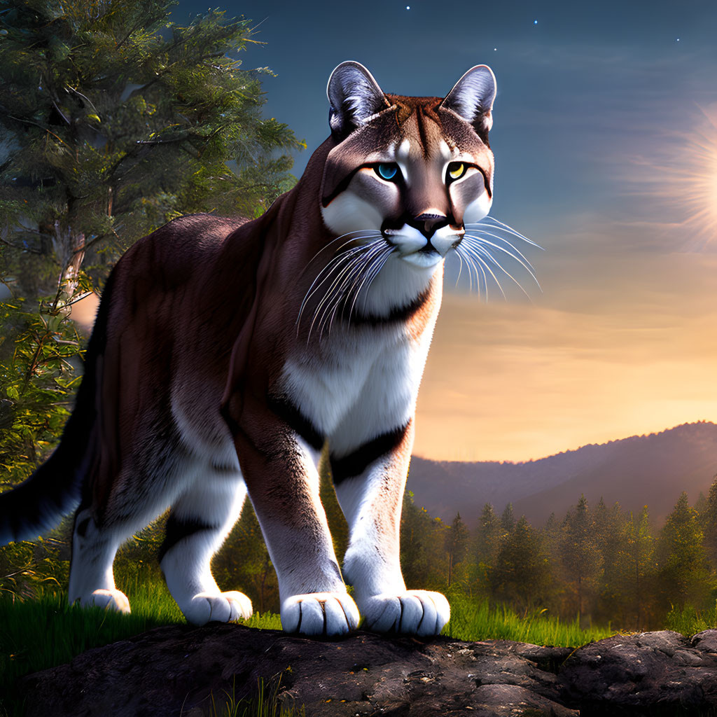 Majestic mountain lion on rock at dusk with forest and mountains under starry sky