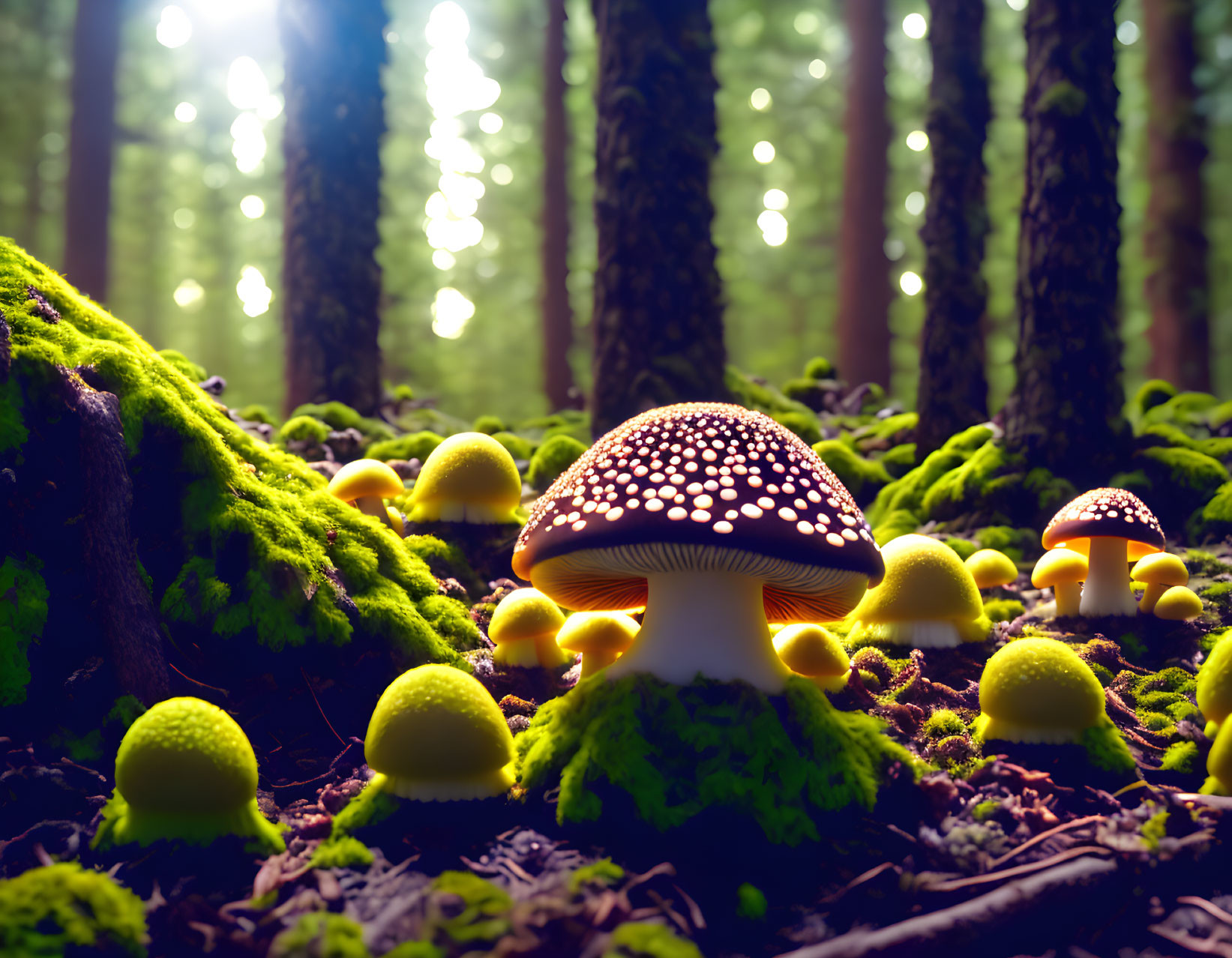 Bioluminescent mushrooms in mossy forest setting with green spheres and light beams