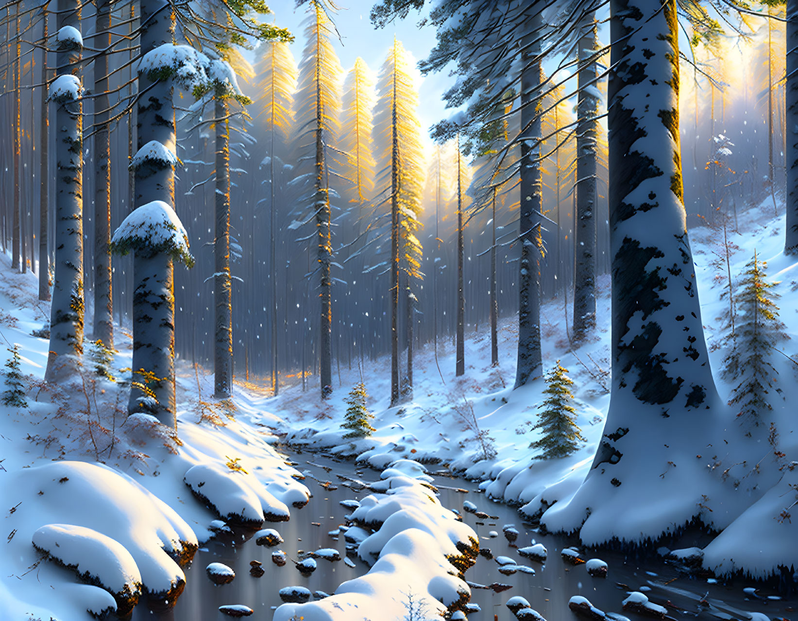 Snow-covered winter forest with sunlight and stream