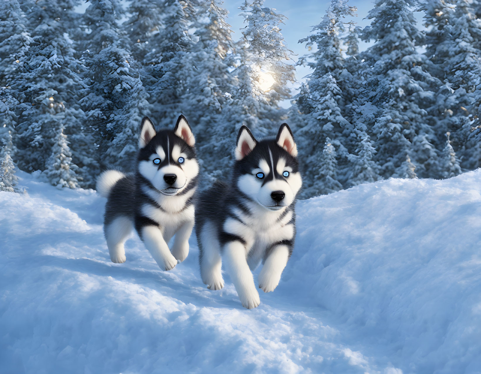 Siberian Huskies with blue eyes in snowy landscape