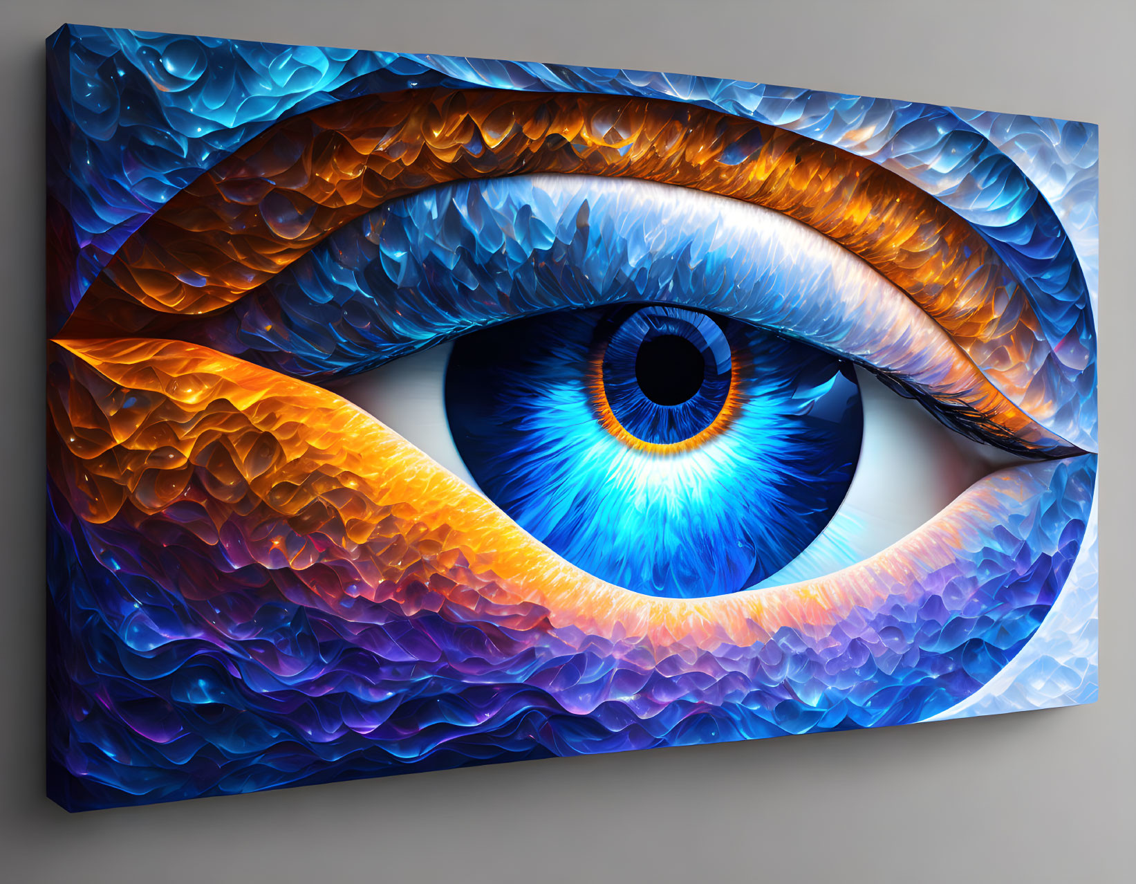 Vibrant blue and orange eye art with detailed iris and eyelid