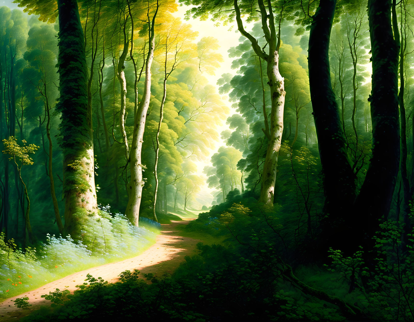 Tranquil forest landscape with sun-dappled path through green trees