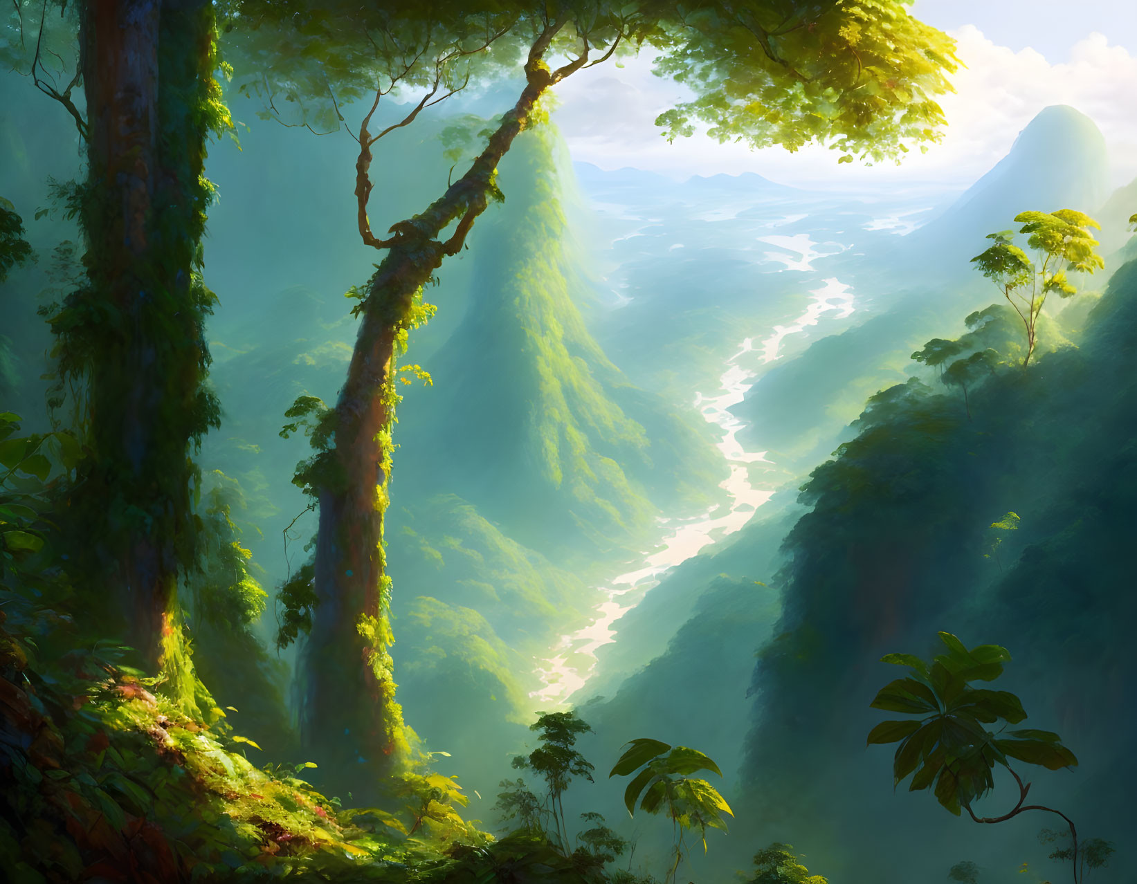 Serene forest scene with tall trees, sunlight, misty valley, and river