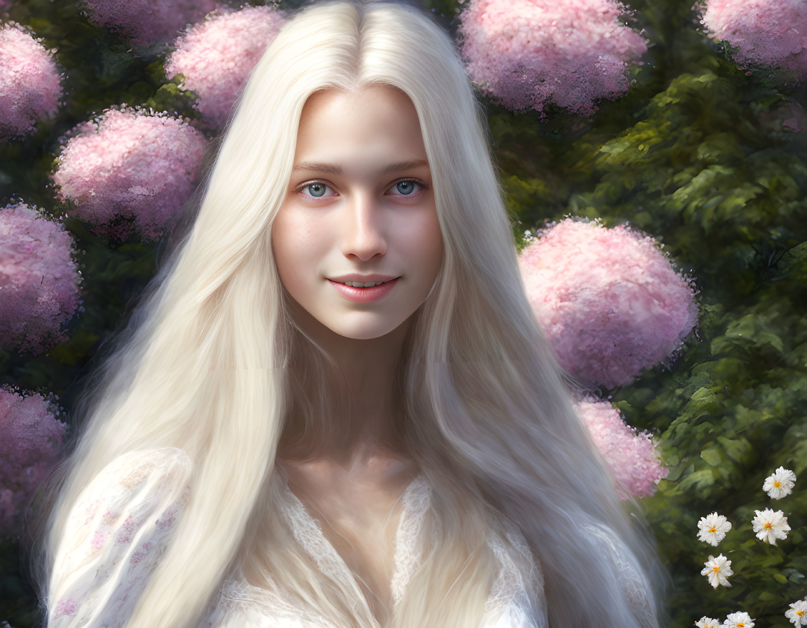 Portrait of Woman with Long Blonde Hair and Blue Eyes Smiling in Pink Blossoms