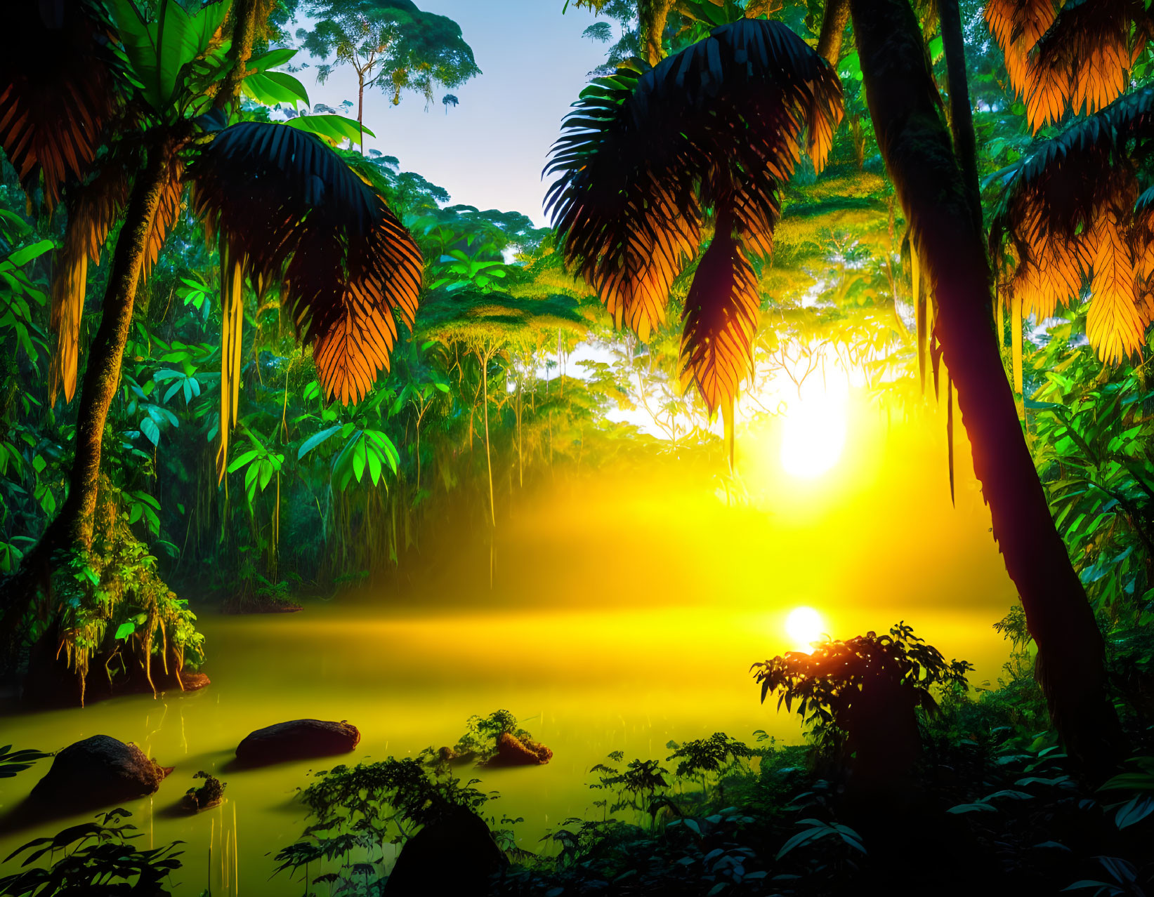 Tranquil sunrise over misty tropical rainforest river