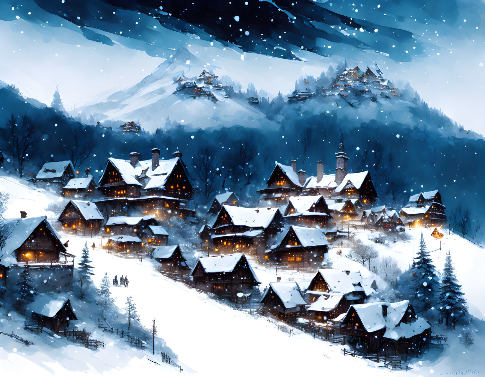 Picturesque snow-covered village with cozy cottages at nightfall.