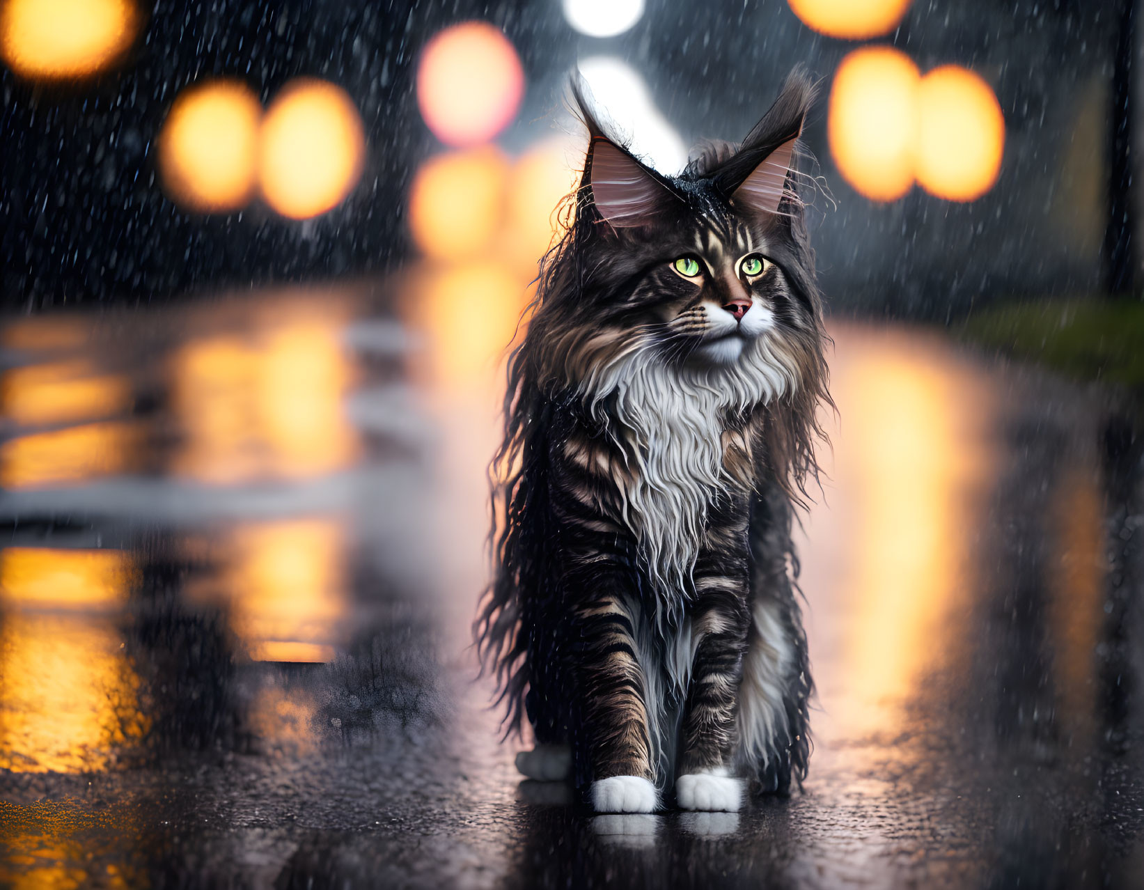 Long-Haired Cat on Reflective Surface with Glowing Lights