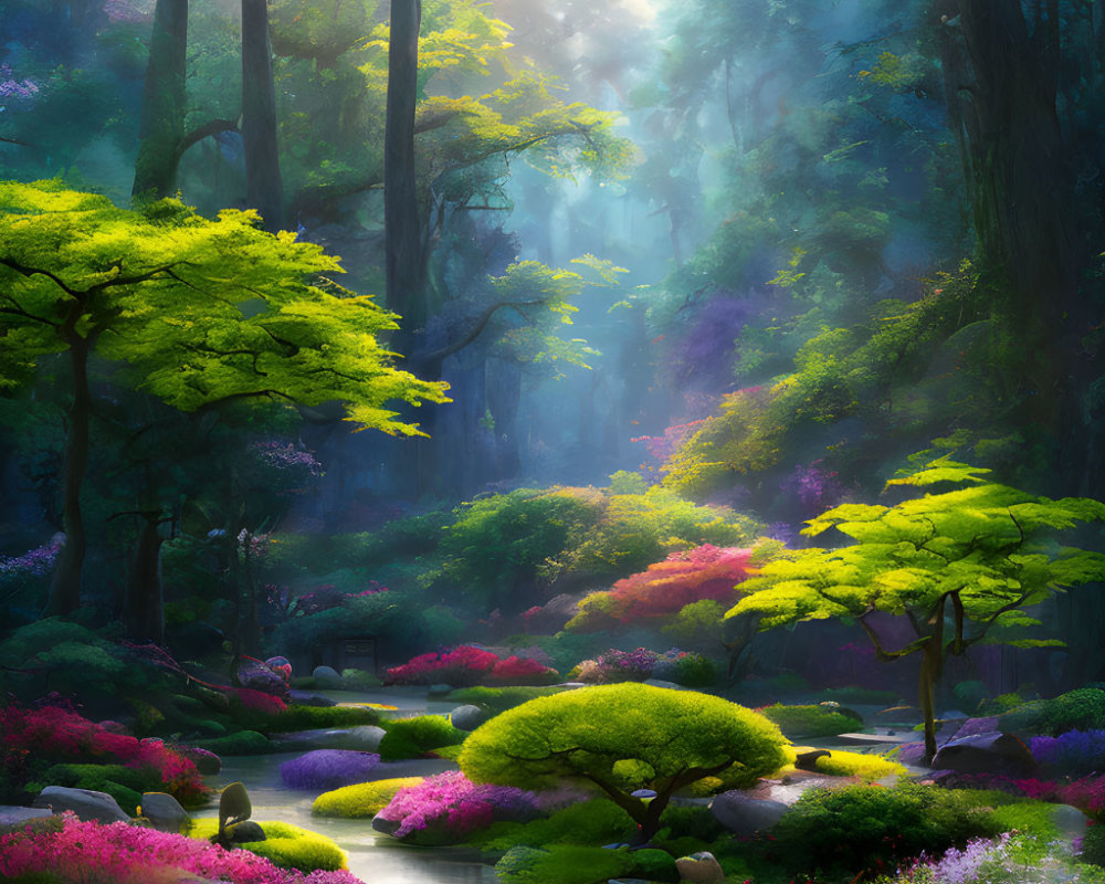 Sunlit Forest with Meandering Stream and Colorful Flora