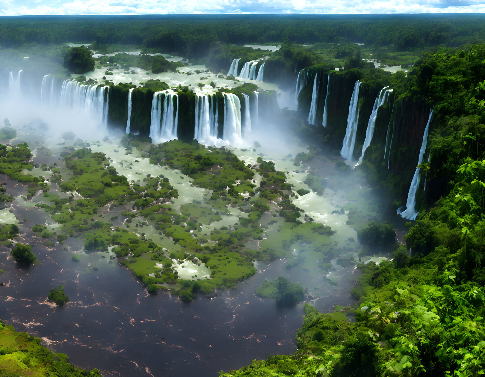 Majestic waterfalls in lush greenery with rising mist