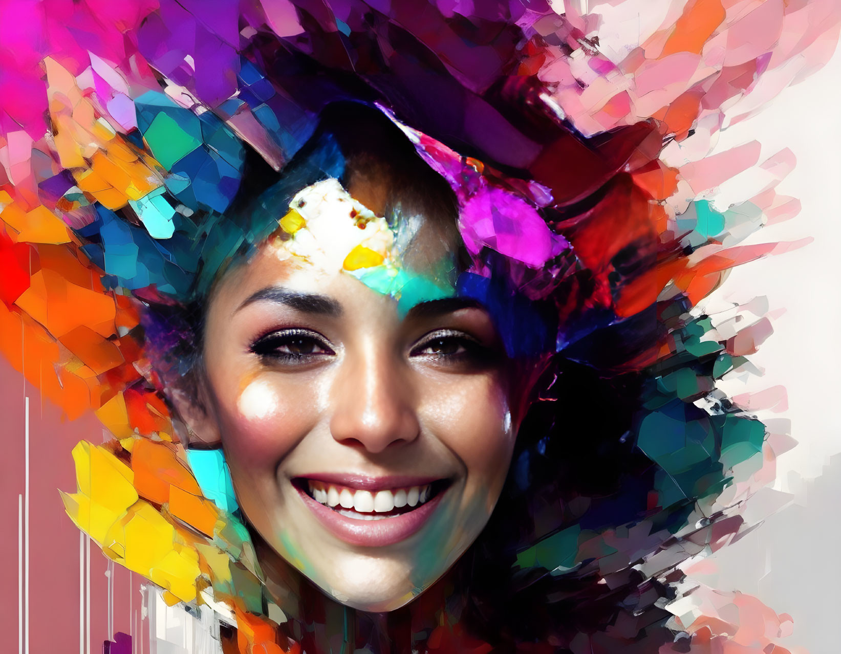 Colorful abstract digital artwork of a smiling woman with dynamic, artistic halo