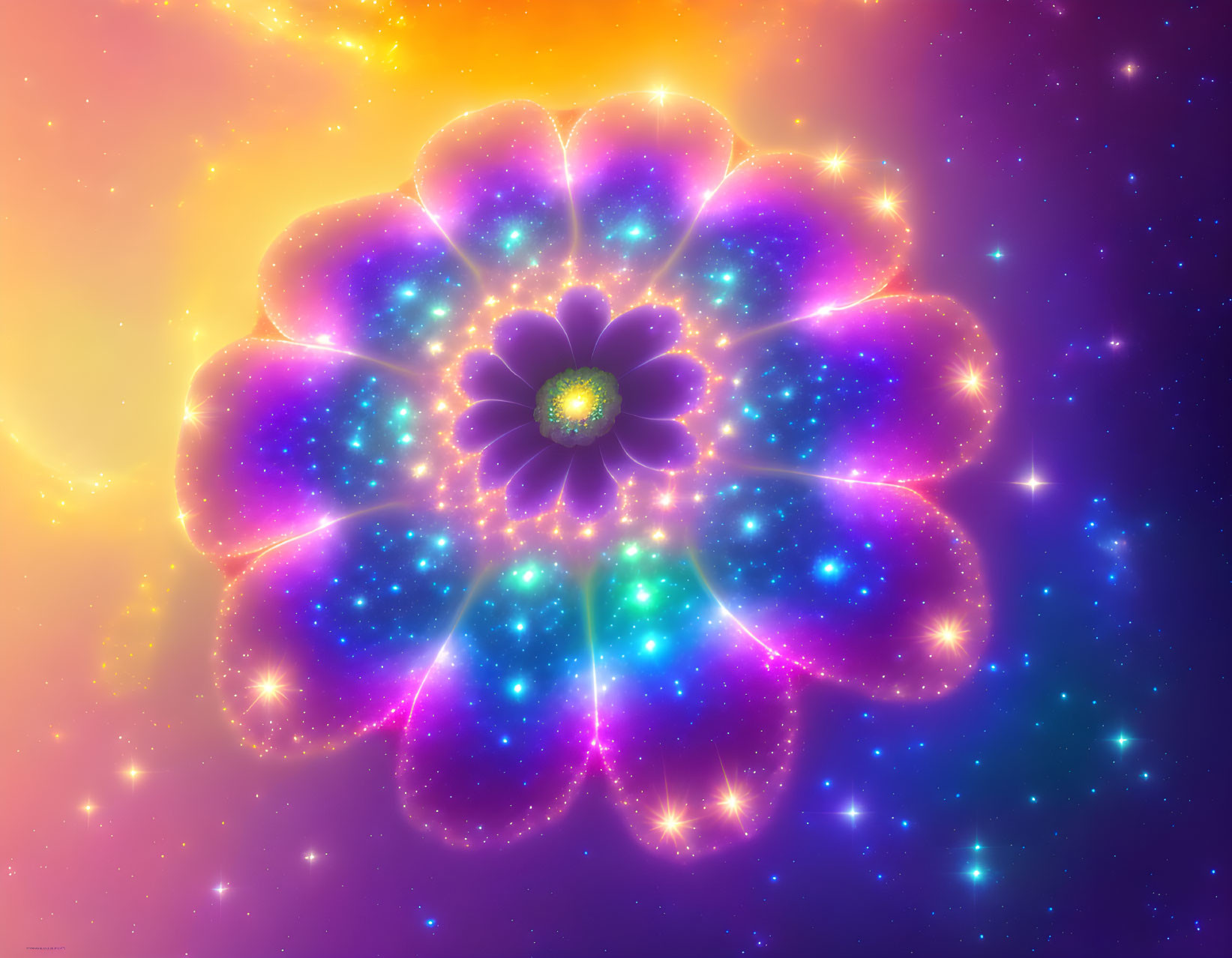 Colorful Cosmic Flower in Neon Pink and Blue Against Starry Space Backdrop