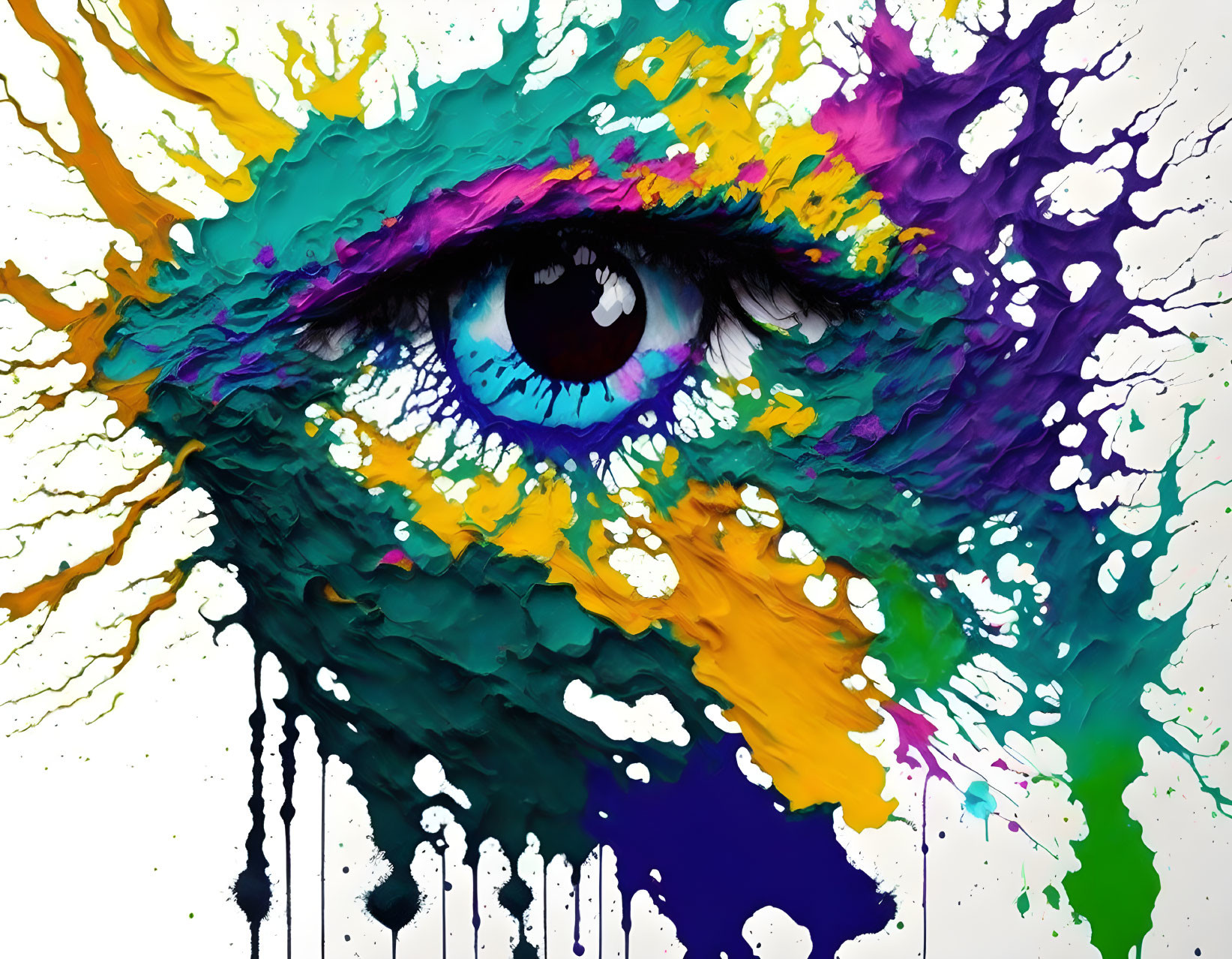 Colorful Eye Artwork with Paint Splashes and Drips