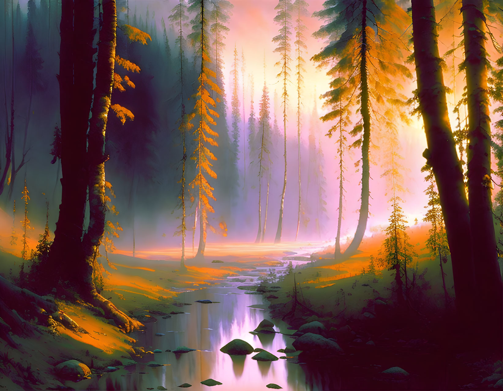 Mystical forest digital painting with towering trees and serene stream