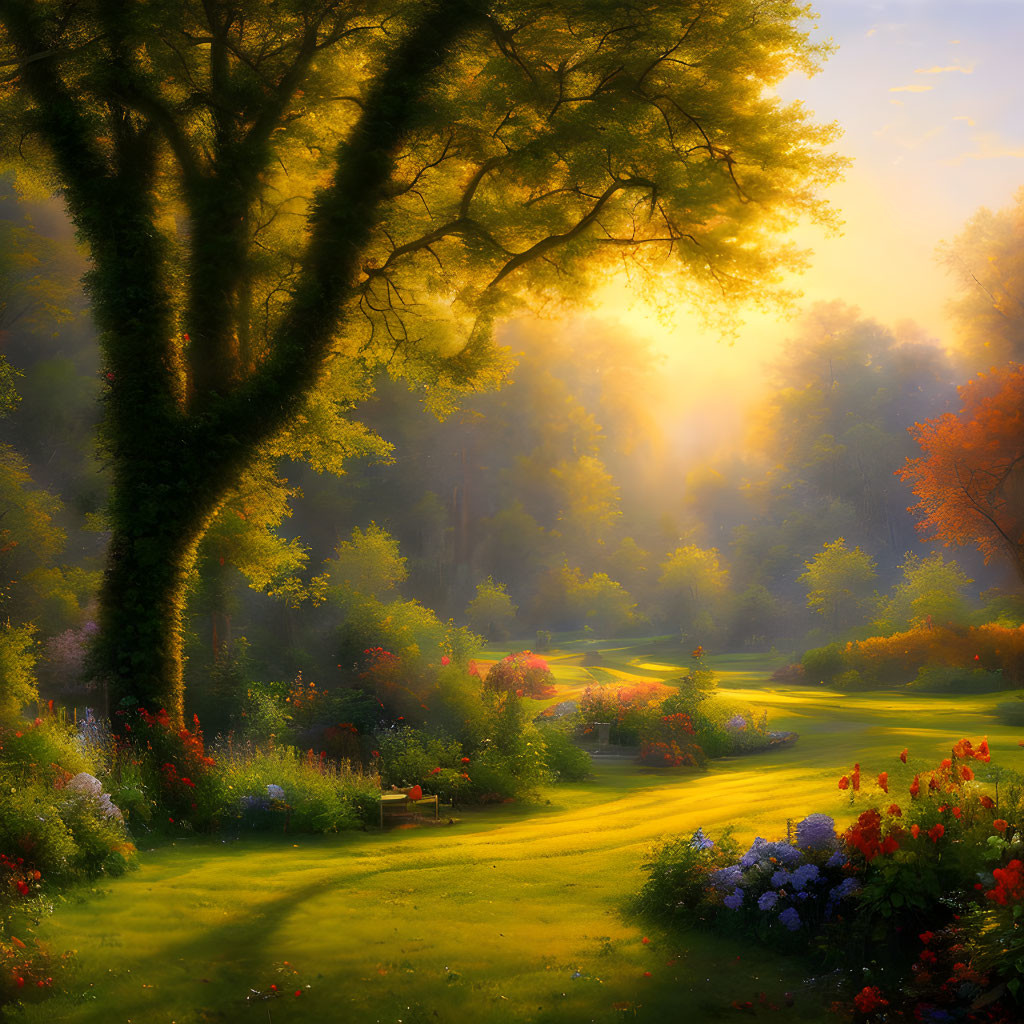 Tranquil Sunrise Garden with Colorful Flowers and Winding Path