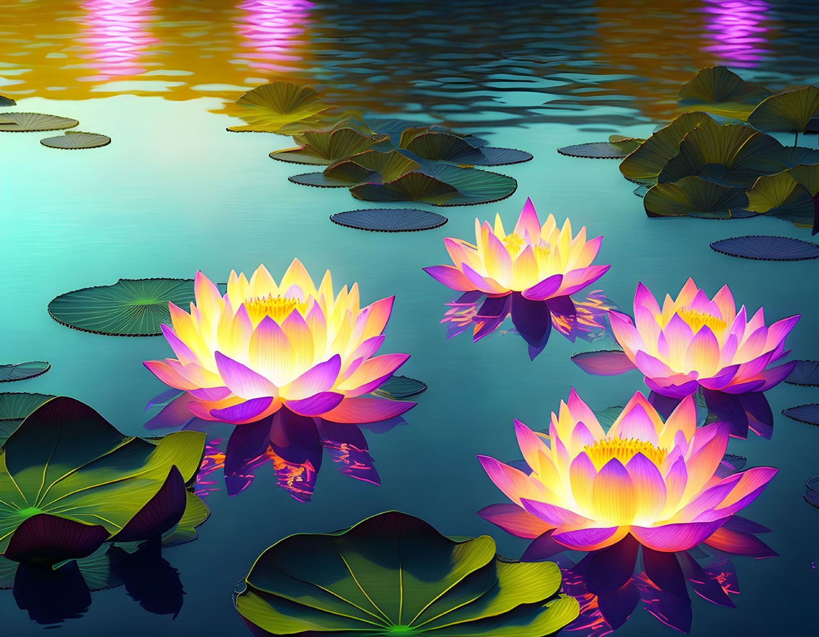 Colorful digital art: Pink and yellow lotus flowers on calm blue water