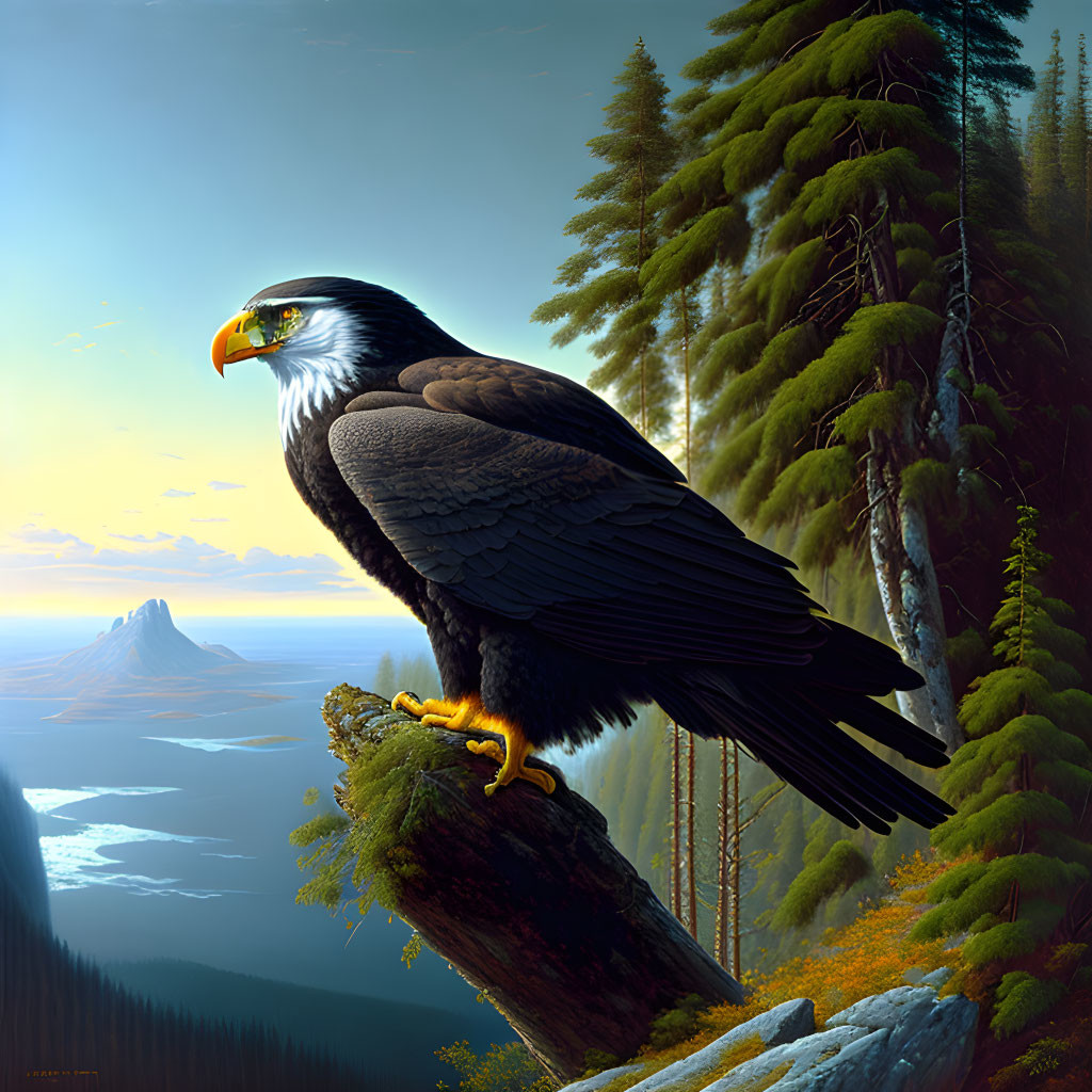 Majestic eagle perched on cliff overlooking panoramic landscape