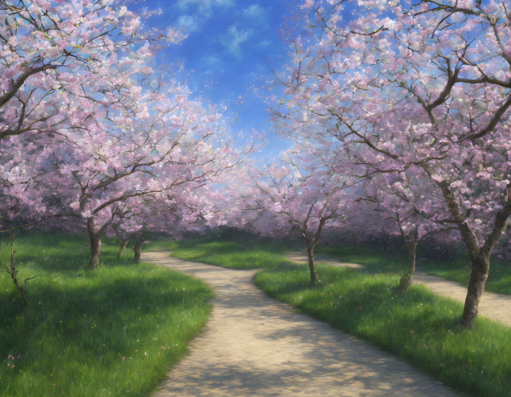 Tranquil Path amid Blooming Cherry Blossom Trees