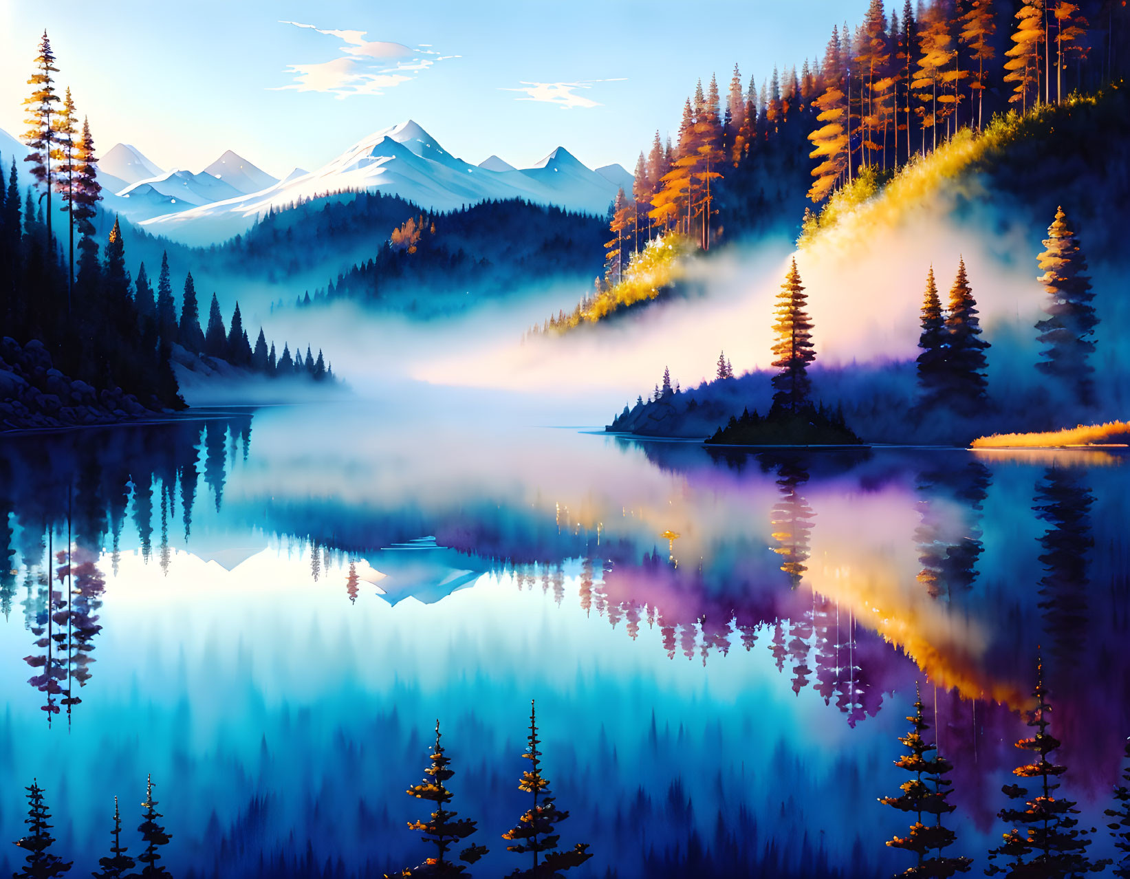 Tranquil landscape: reflective lake, pine trees, mountains, misty sky