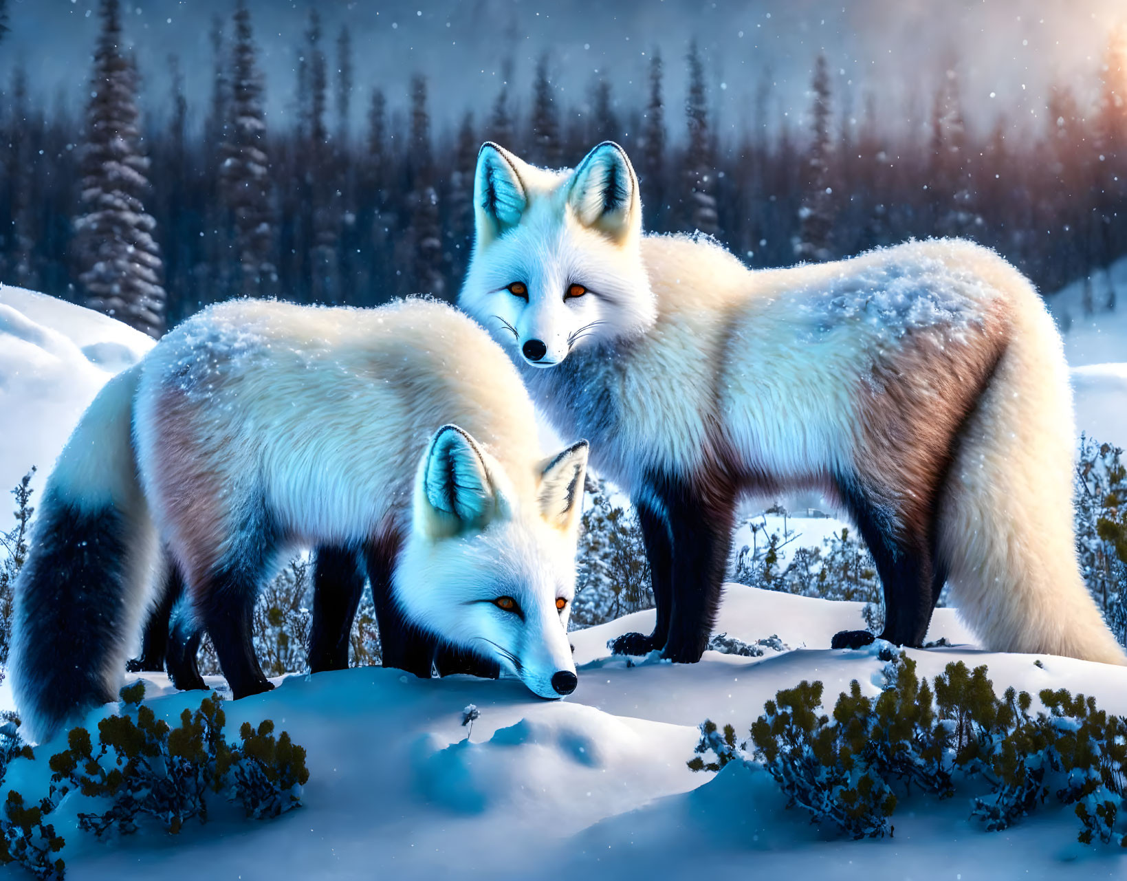 Arctic foxes in snow-covered landscape with frosty trees and twilight sky